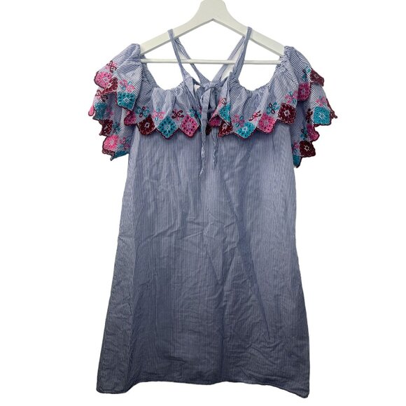 LOFT Embroidered Off Shoulder Blue Stripe Dress XS Boho Summer Casual - Picture 7 of 13